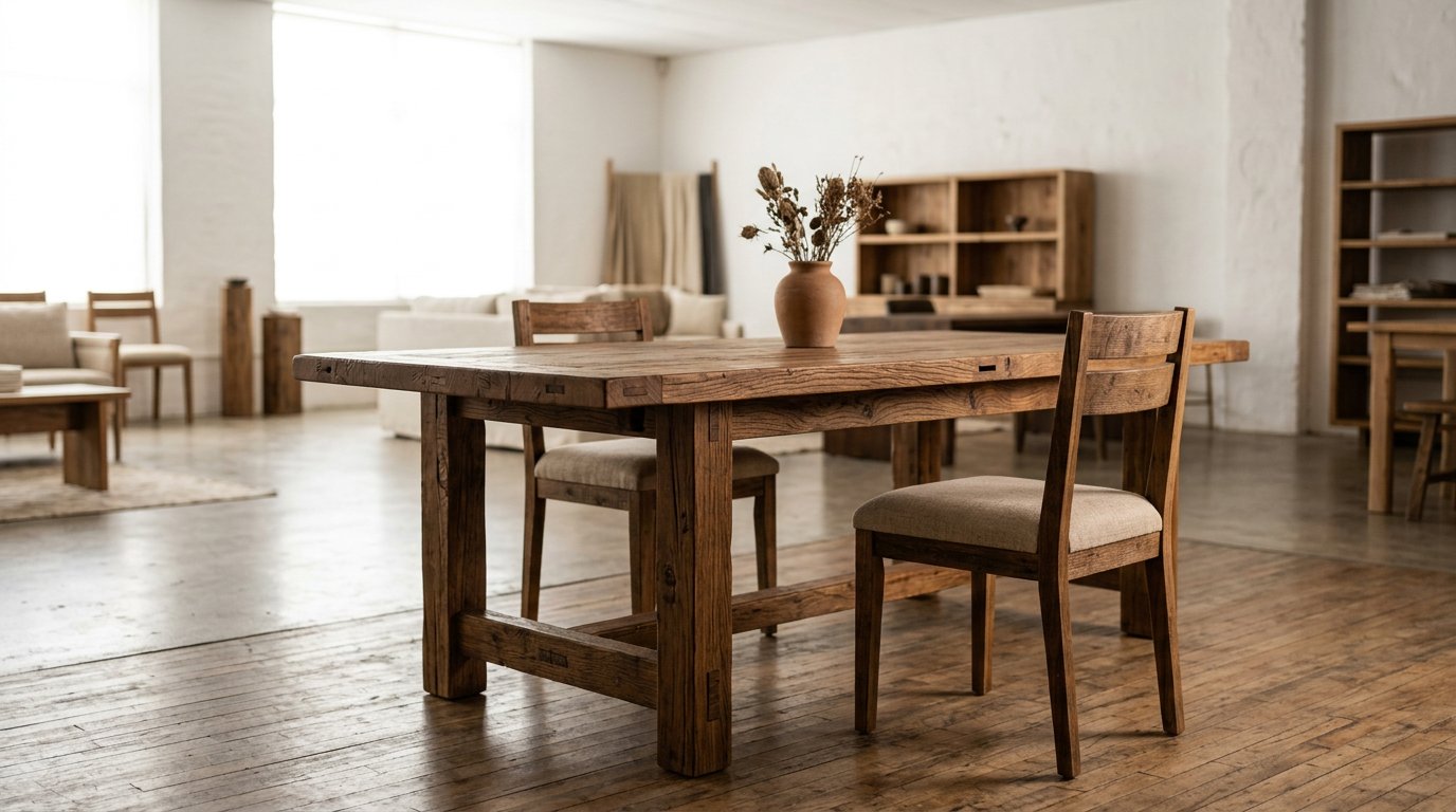 Reclaimed wood furniture with weight, warmth, and visible grain